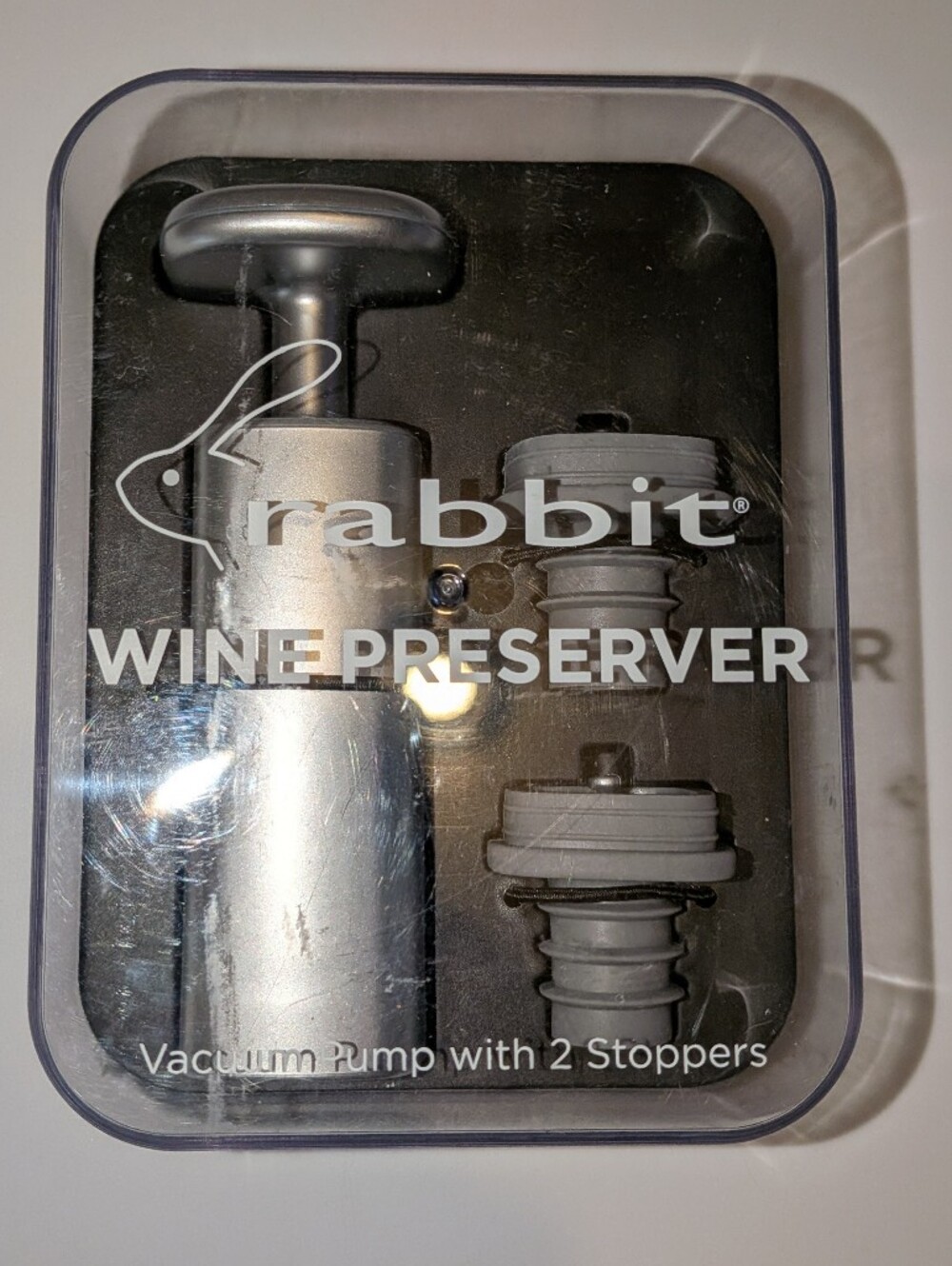 Rabbit Wine Preserver Vacuum Pump with 2 Stoppers - Silver, Brand New